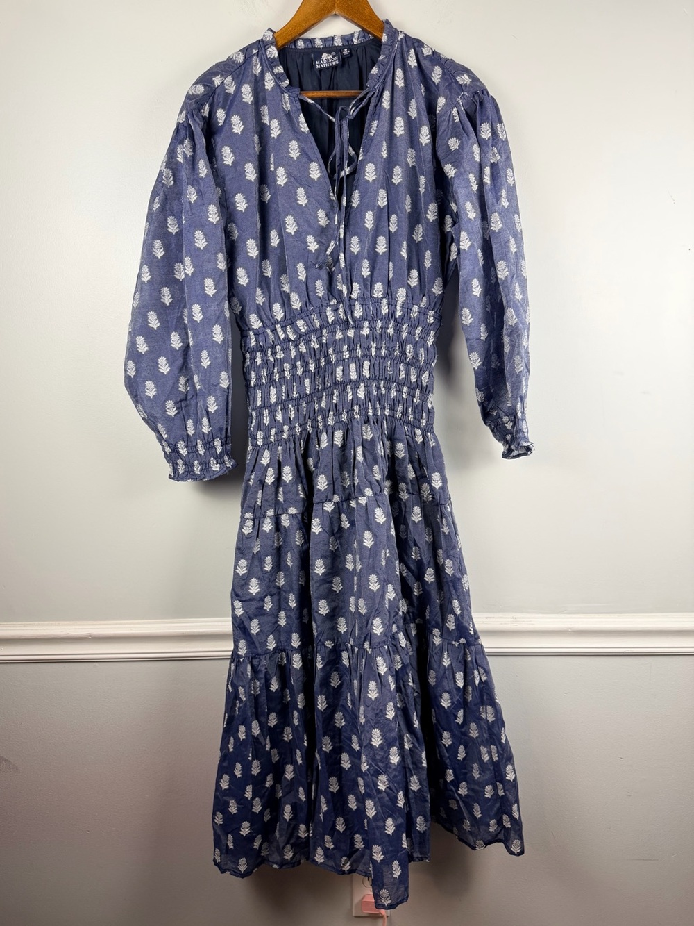 Madison Matthew’s Block Print Smocked Waist midi dress long sleeves size medium